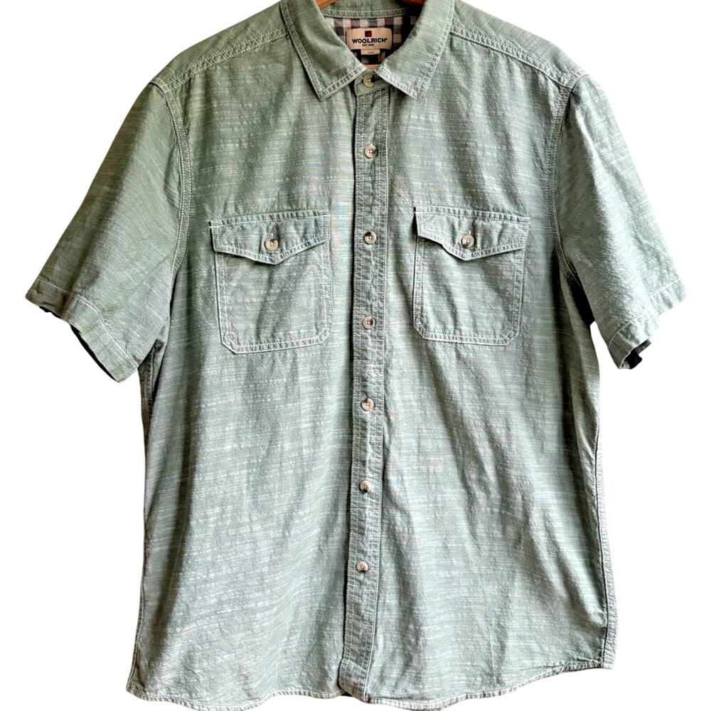 WOOLRICH 100% Cotton Short Sleeve Button Up Shirt Green Classic Casual L